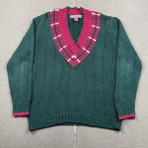 Vintage Paris Sport Club Sweater Womens Medium Green Tennis Cricket V Neck Knit